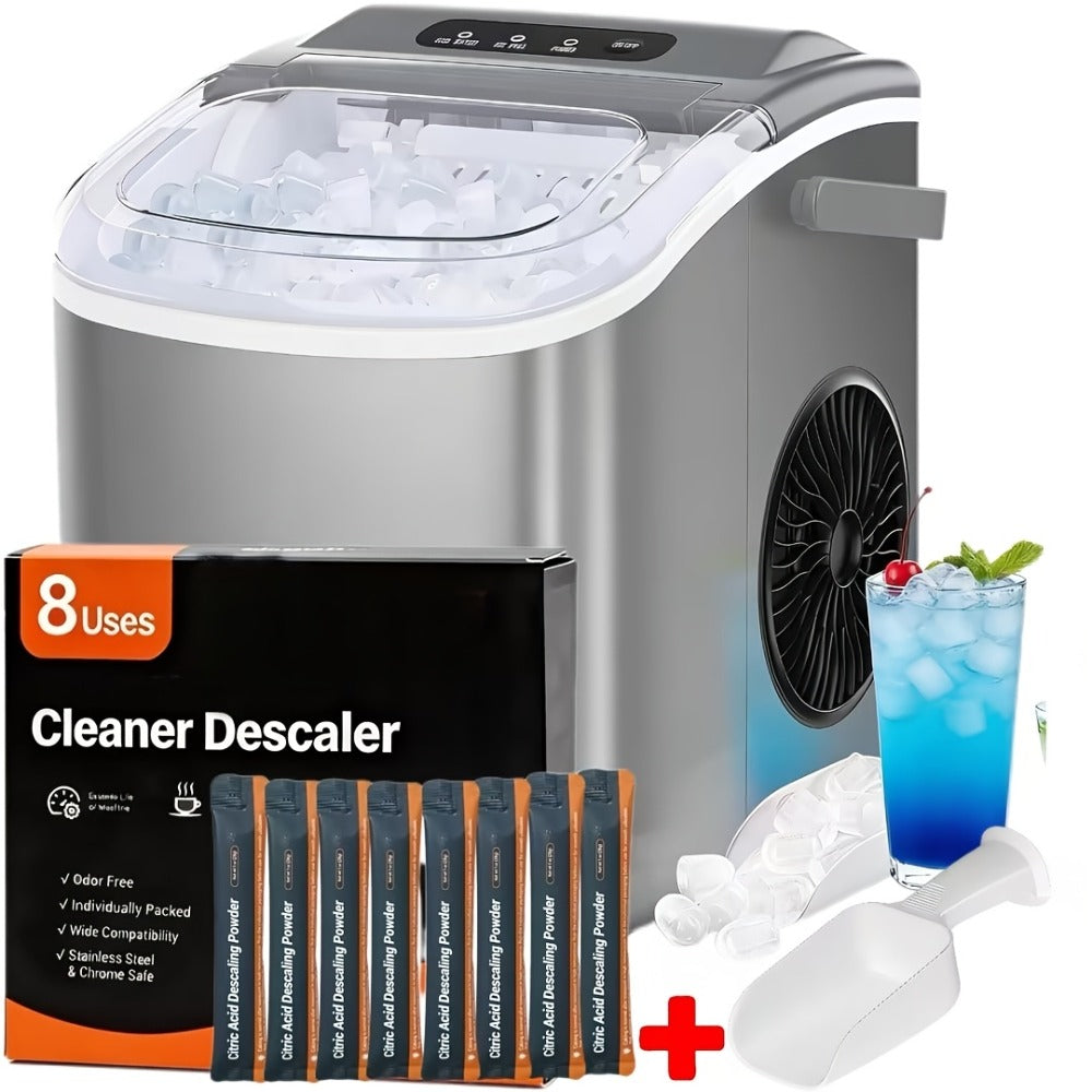 Pebble Ice Maker Countertop ¨C 26 Lbs/24H, 2 Ice Cube Sizes, Sonic Bullet Ice Machine, Auto-Cleaning, Stainless Steel, Ice Scoop & Basket, Optional Descaler Kit for Home, Kitchen, Camping & RV