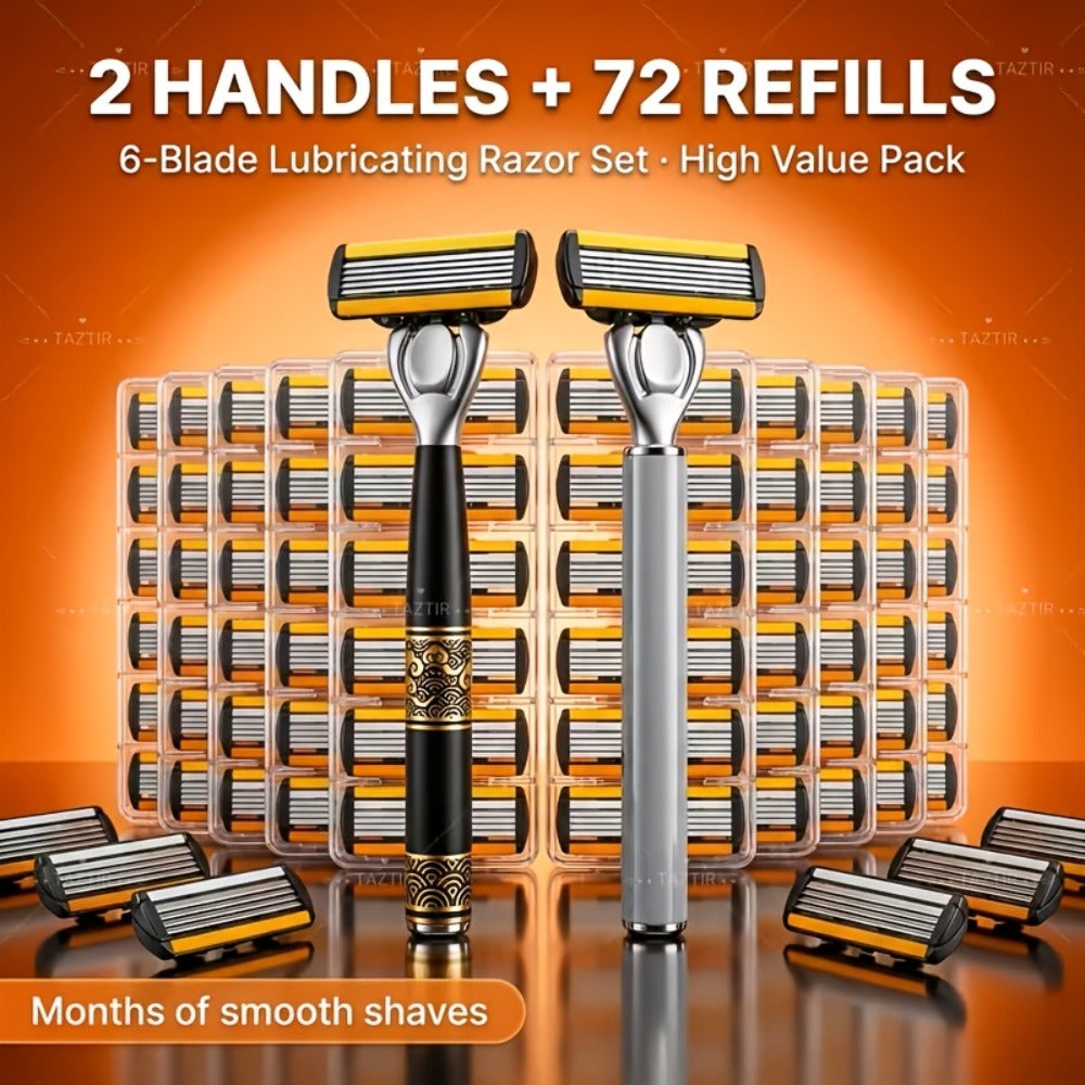 Shaving Kit for Men ¨C 2 Handles & 72 Replacement Blades, Six-Layer Blade System Luxury Razor Set for Beard & Mustache Grooming, Ergonomic Design, Perfect Christmas & Valentine's Day Gift