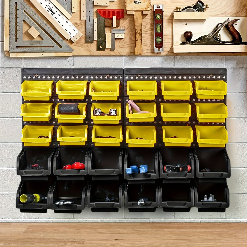 Plastic Parts Storage Bins Wall Mount 30pcs ¨C Heavy Duty Small Hardware Organizer for Screws, Nuts, Bolts & Nails | Multi-Tier Wall Shelf System for Garage, Workshop & Craft Room | Space-Saving Bin Rack