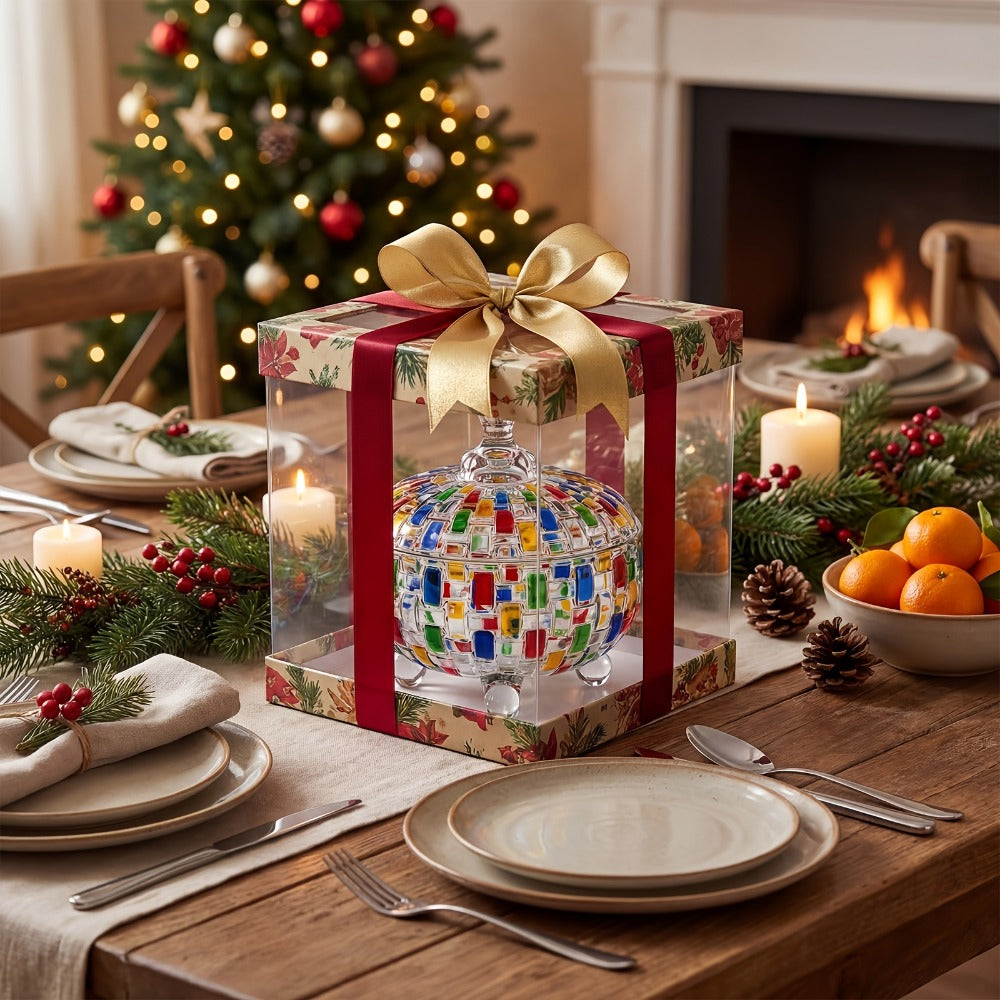 Crystal Glass Candy Dish with Lid & Tongs ¨C Hand-Painted Colorful Candy Box, Jewelry Storage Jar, Christmas Gift for Family & Friends | Elegant Candy Server