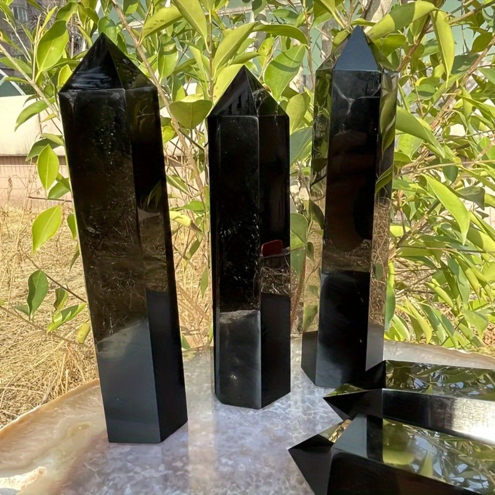 Black Obsidian Crystal Tower Natural Hexagonal Pillar Obelisk Generator for Home Decor Meditation Healing Crystal Feng Shui Office Holiday Gift 0.55-1.1LB