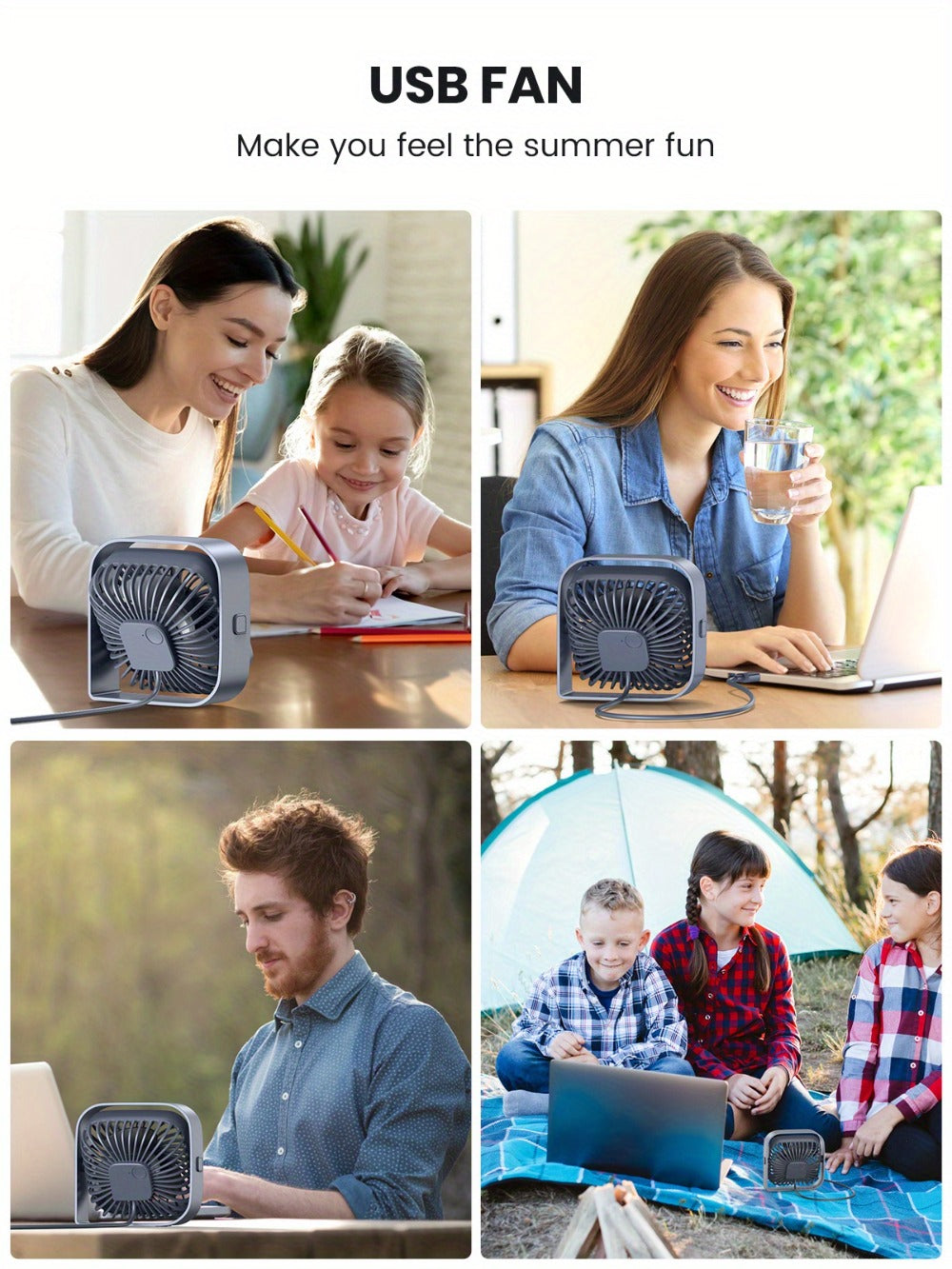 USB Desk Fan Portable, Small Personal Fan 3 Speed Settings 360¡ã Rotation Silent Operation, Compact Lightweight USB Powered Cooling Fan for Home Office Dorm Bedroom Travel, Grey Blue Pink White