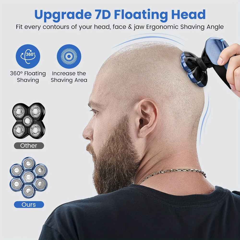 Skull Shaver for Bald Men 5-in-1 Rechargeable Rotary Electric Razor - 7D Floating Heads, 3-Speed LED Display Grooming Kit, Close Shave Head Shaver for Men