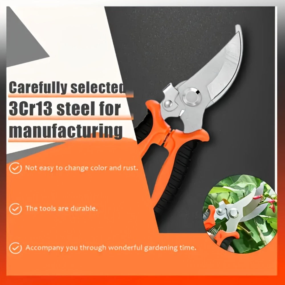 Gardening Pruning Tool Set 8 Piece Stainless Steel | Pruning Shears Scissors Pliers Ergonomic Handle with Wiping Cloth | Lawn Tree Garden Care Kit Orange Yellow Green
