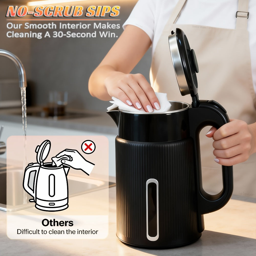 Electric Kettle 1000W Double Wall Stainless Steel ¨C 57.48oz 304 SS Hot Water Kettle with 360¡ã Rotary Base, LED Light, Auto Shut-Off & Boil-Dry Protection, Instant Water Warmer for Coffee & Tea ¨C Black
