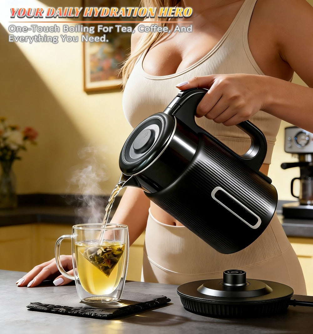 Electric Kettle 1000W Double Wall Stainless Steel ¨C 57.48oz 304 SS Hot Water Kettle with 360¡ã Rotary Base, LED Light, Auto Shut-Off & Boil-Dry Protection, Instant Water Warmer for Coffee & Tea ¨C Black