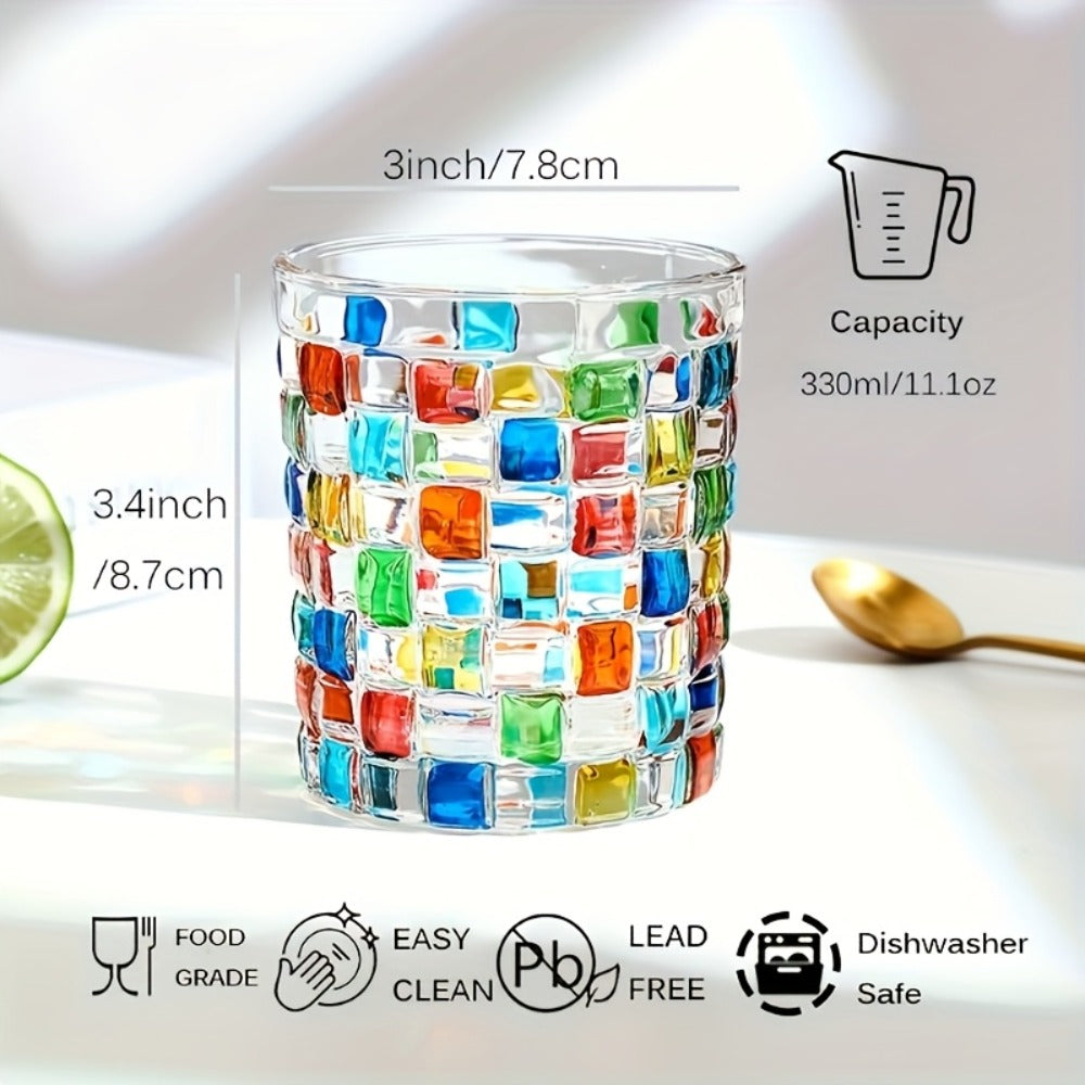 Hand-Painted Drinking Glasses Set ¨C Colorful Square Lattice Woven Handcrafted Glass for Water, Juice, Whiskey & Beer ¨C Artistic Decorative Glassware for Home Bar & Entertaining ¨C 2pc or 4pc