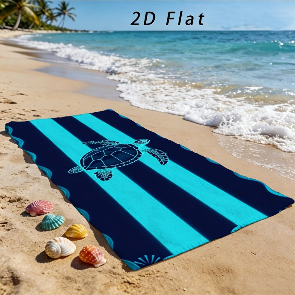 Sea Turtle Beach Towel, Blue Striped Nautical Print, Soft Absorbent Microfiber, Stylized Wave Pattern, Ideal for Beach Trips, Pool Days & Summer Vacations, Lightweight Coastal Design