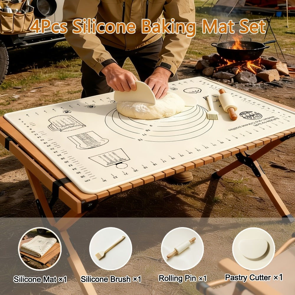 Silicone Baking Mat Set 4pcs, Extra Thick Non-Stick Pastry Mat with Measurement Scales, Non-Slip Dough Kneading Mat, Includes Rolling Pin, Dough Scraper and Storage Bag, Reusable Kitchen Baking Tools