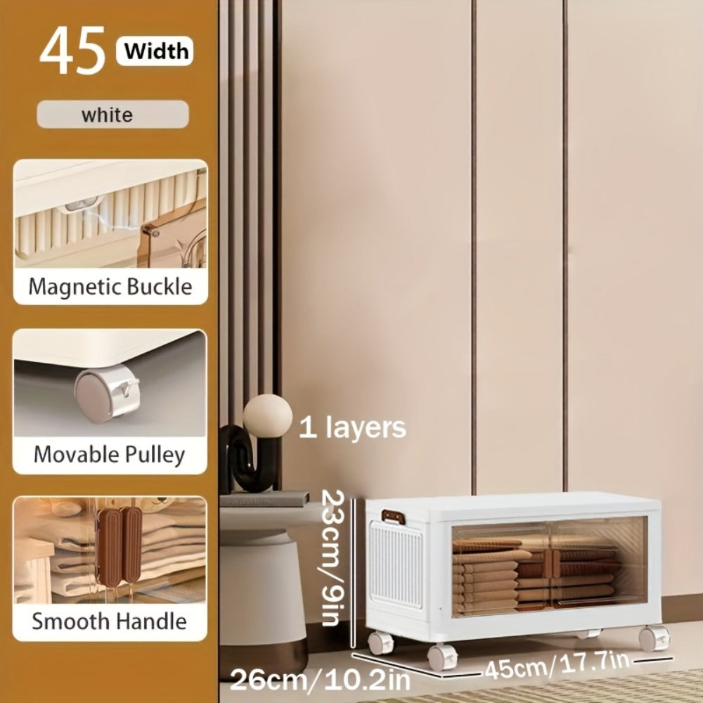 Stackable Storage Cabinet with Doors and Wheels | Collapsible Plastic Locker 1-5 Layers Large Capacity Home Organization for Bedroom Living Room Kitchen Easy Assembly Space Saving