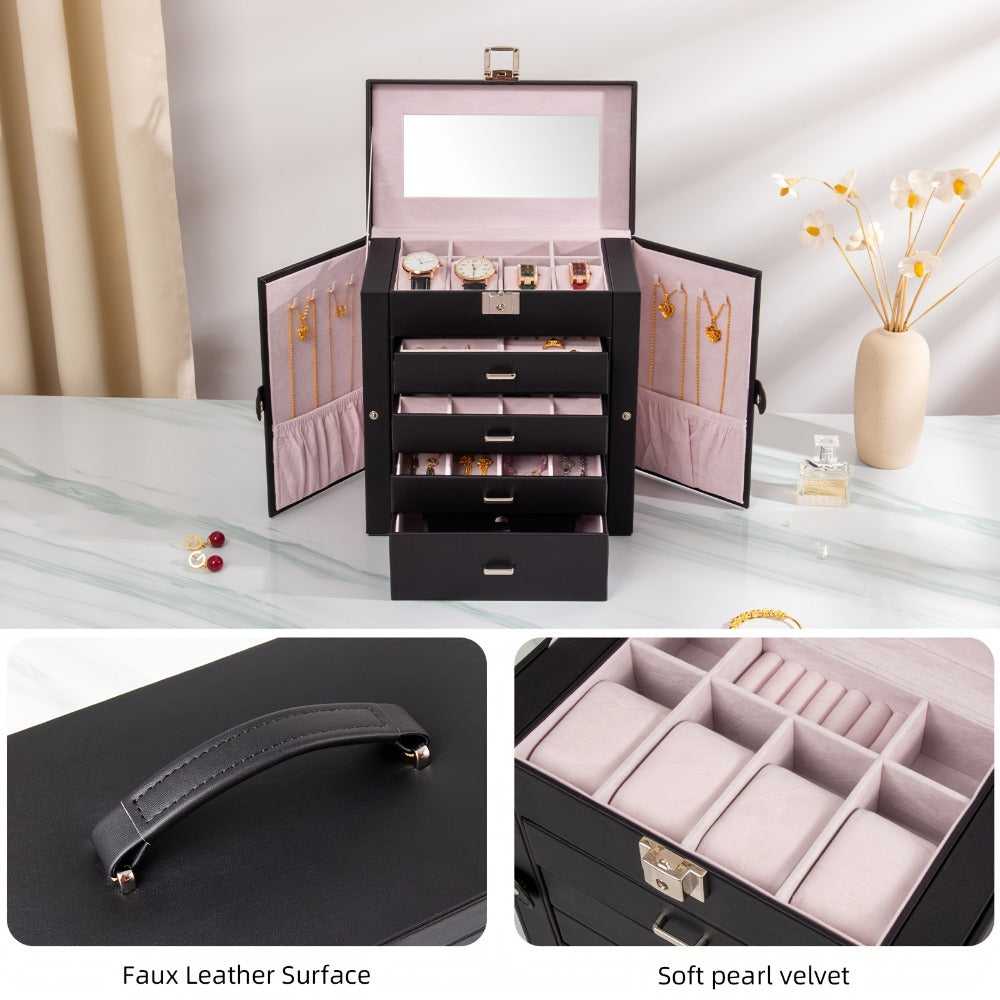 Large Jewelry Box 5-Tier PU Leather Organizer with Lock & Mirror ¨C Storage Case for Bracelets, Earrings, Rings & Necklaces