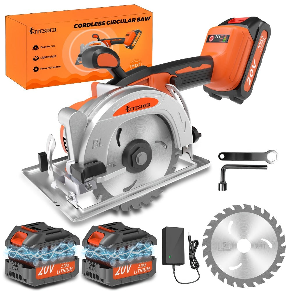 Brushless Circular Saw 5-Inch Kit 6900RPM with Battery & Charger ¨C 45¡ã Bevel Cut, Up to 6 Saw Blades, 2.0AH / 4.0AH Battery Options, Cordless Woodworking Saw for Wood Cutting, Garden & DIY Projects