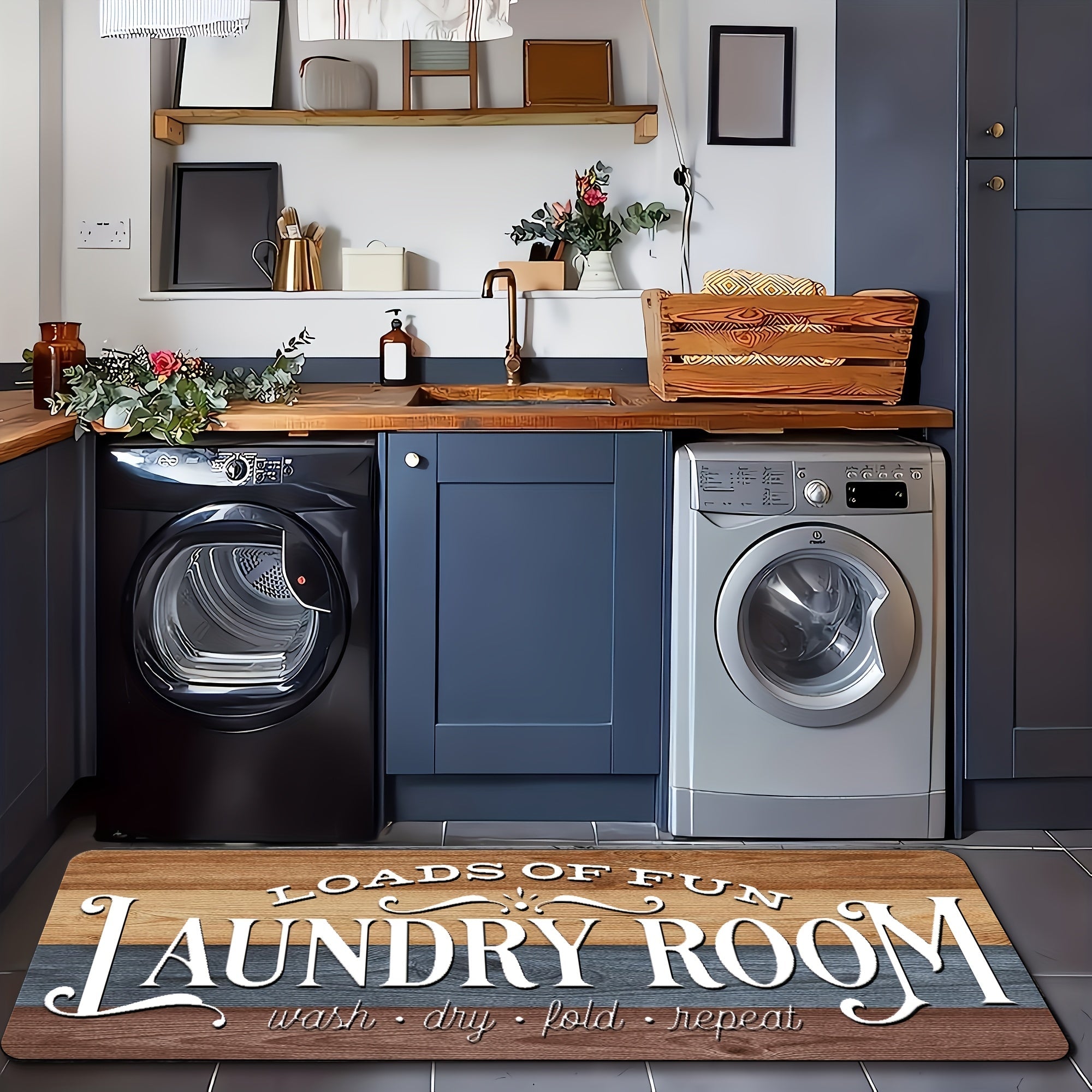 Farmhouse Laundry Room Runner Rug - Non-Slip Washable Retro Kitchen & Bathroom Mat | Anti-Slip Floor Runner for Laundry Room, Kitchen, Bathroom & Entryway | Boho Home Decor Accent Rug Multiple Sizes