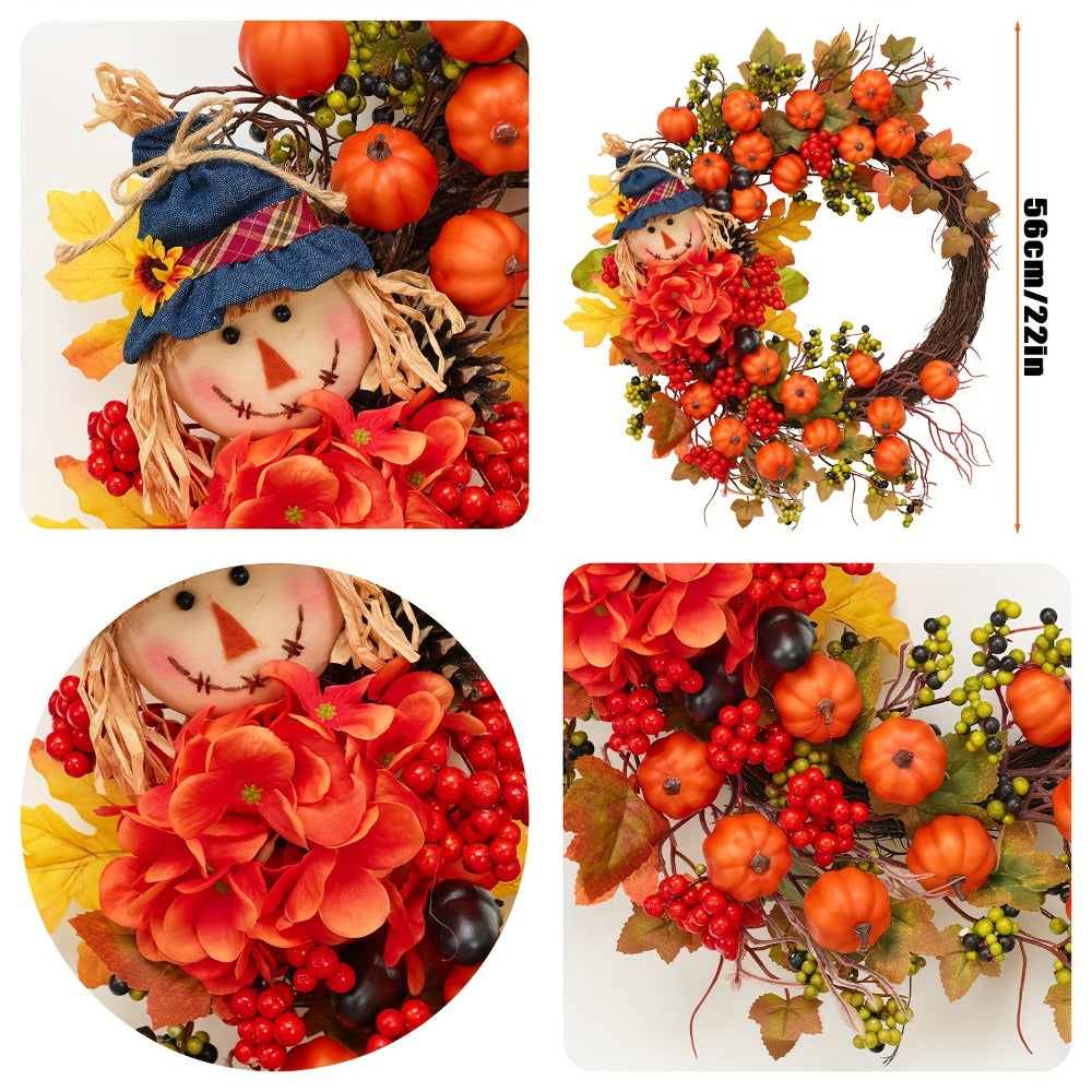 Fall Wreath for Front Door Autumn Thanksgiving Pumpkin Leaves Floral Doll Wreath Indoor Outdoor Wall Window Holiday Home Decor Christmas