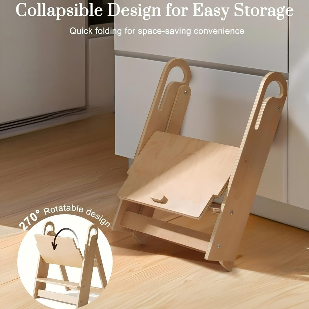 Foldable Step Stool Non-Slip Double-Tier with Handle Portable Toilet Training Stool for Bathroom Kitchen Bedroom Countertop Sink Kids Adults Natural Wood Finish Sturdy Step Ladder