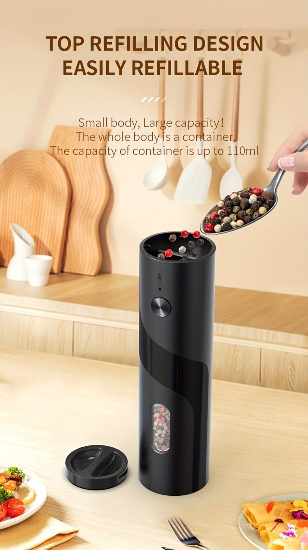 Electric Salt and Pepper Grinder Set with LED Light & Gravity Sensor ¨C USB Rechargeable, Top-Fill, Large Capacity Automatic Spice Mill ¨C 1 or 2 Pack Kitchen Gift Set