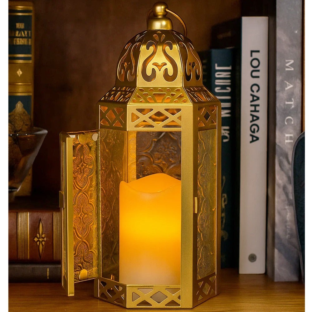 Moroccan Candle Lantern Holder - Decorative Metal & Glass Lantern with Embossed Floral Design for Indoor Home Decor, Garden, Patio, Weddings, Ramadan, Halloween & Holiday Celebrations - 10.5¡± Tall Medium Size