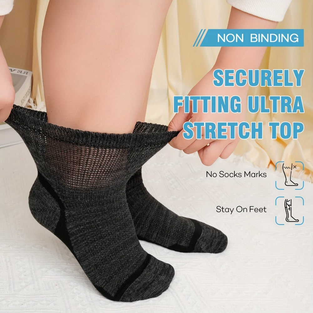Wide Calf Socks 5 Pairs Loose Top Non-Binding Breathable Crew Socks for Men Women Plus Size Large Leg Edema Varicose Veins Comfort Fit M L Mixed Black