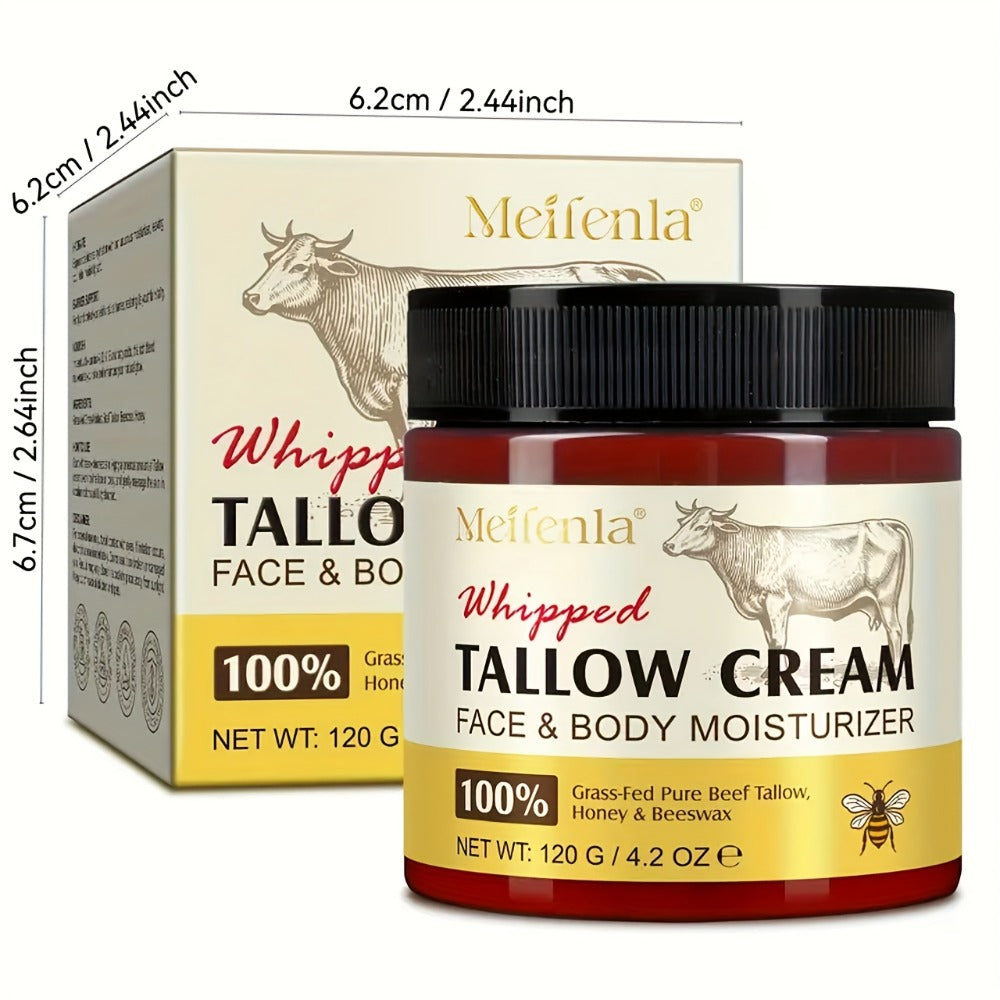 Whipped Tallow Cream 120g Grass-Fed Beef Tallow Honey Beeswax Moisturizing Face Body Hand Cream All Skin Types No Artificial Fragrance Skin Barrier Support