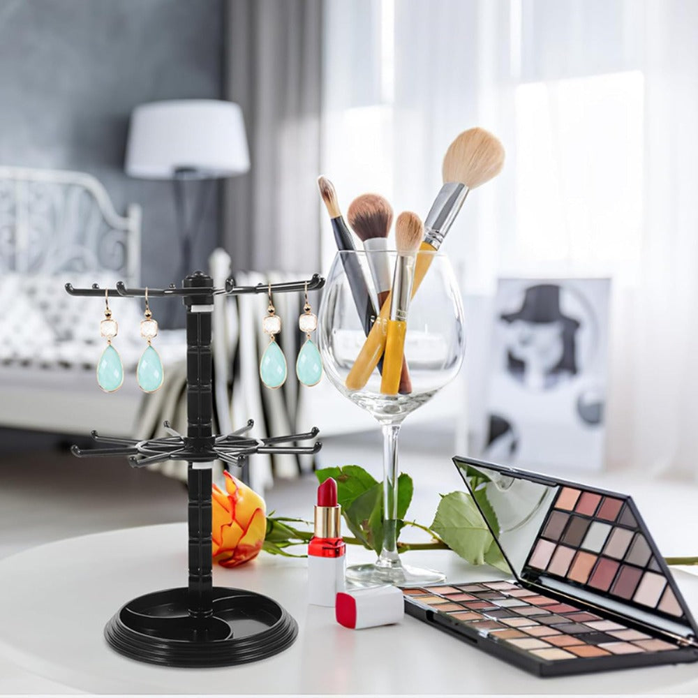 Rotating Jewelry Stand 2-Tier Black ¨C Necklace Bracelet Earring Organizer Display Rack, Plastic Hanging Jewelry Tower for Dressing Table Counter, Keychain Holder, No Electricity Needed