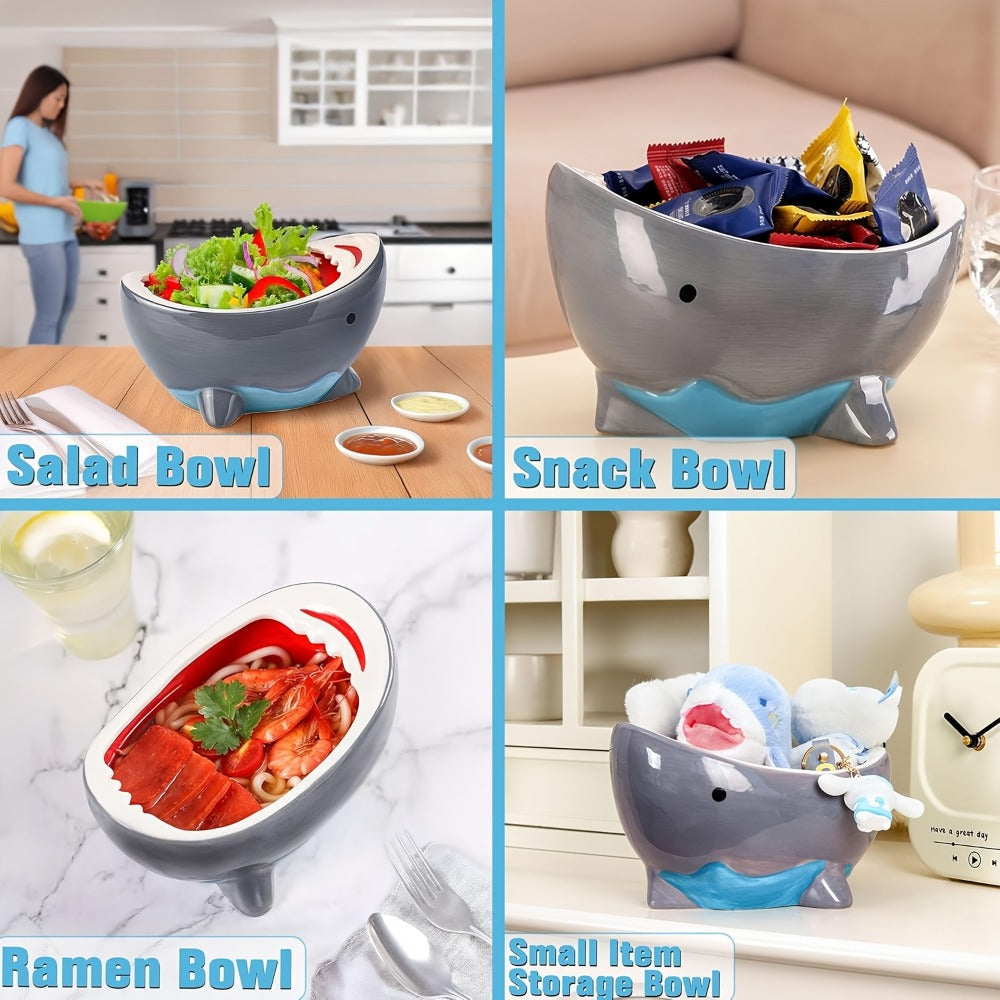 Shark Ramen Bowl 40oz ¨C Large Handmade Ceramic Serving Bowl for Soup, Snacks, Candy & Fruit, Cute Decorative Key Bowl for Entryway, Unique Funny Shark Gift for Home Kitchen
