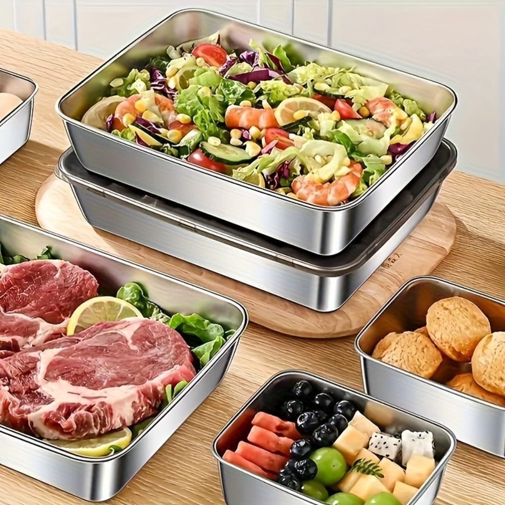 Stainless Steel Food Storage Containers Set of 5 with Lids - Stackable Baking Trays for Meal Prep, Refrigerator Organization & Kitchen Use