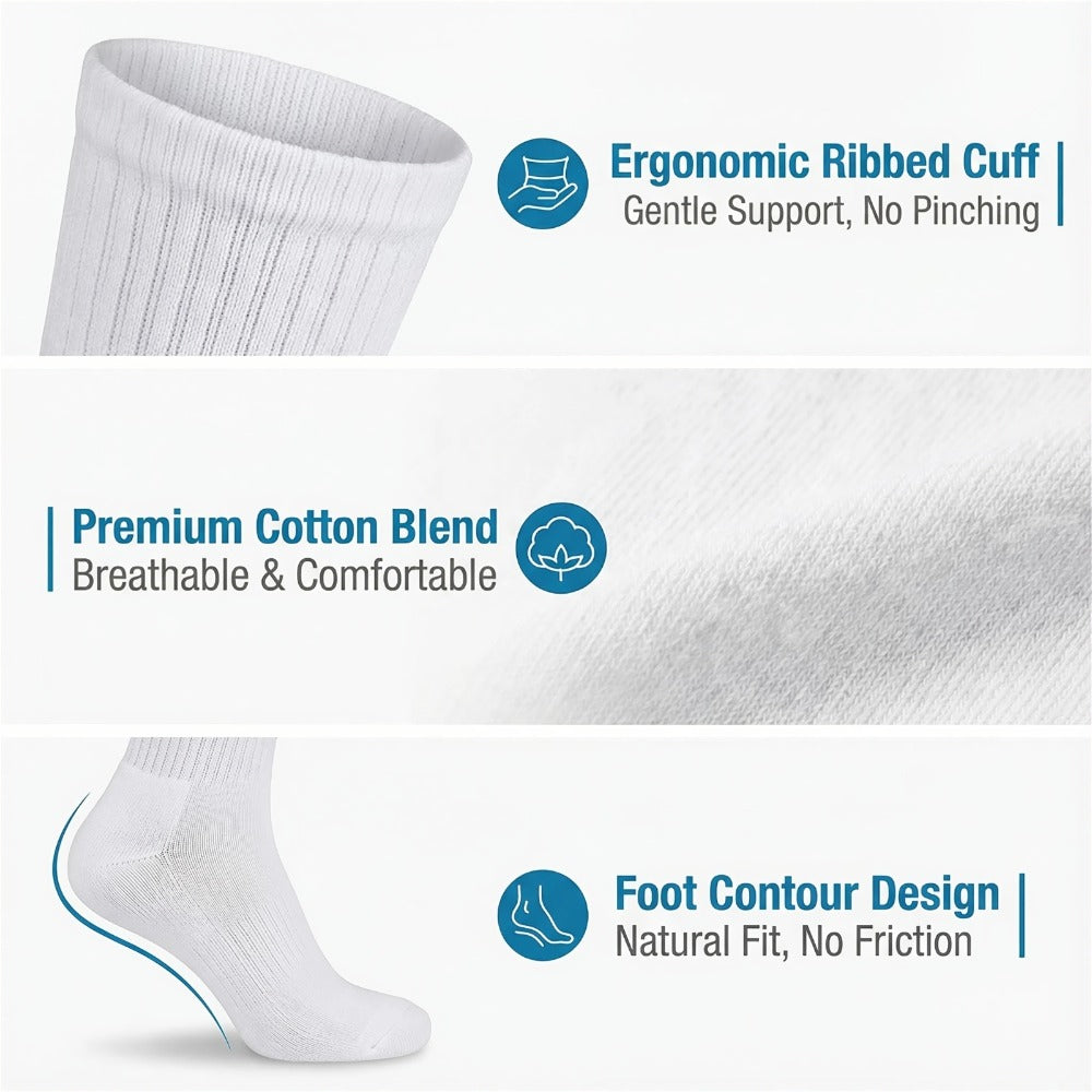 Multicolor Diabetic Crew Socks 12 Pairs Cotton Non-Binding Neuropathy Seamless Cushioned Loose Fit for Men Women Sensitive Feet Edema White Black Grey Size 9-11 10-13