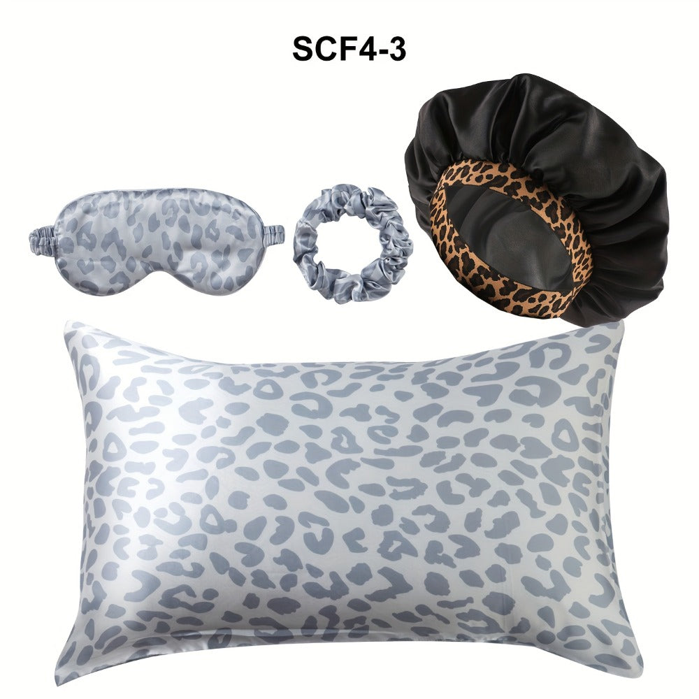 Leopard Print Pillow Covers Set of 4 with Sleep Mask and Headband Machine Washable Polyester Woven Fabric Travel Bedroom Decorative Pillowcase