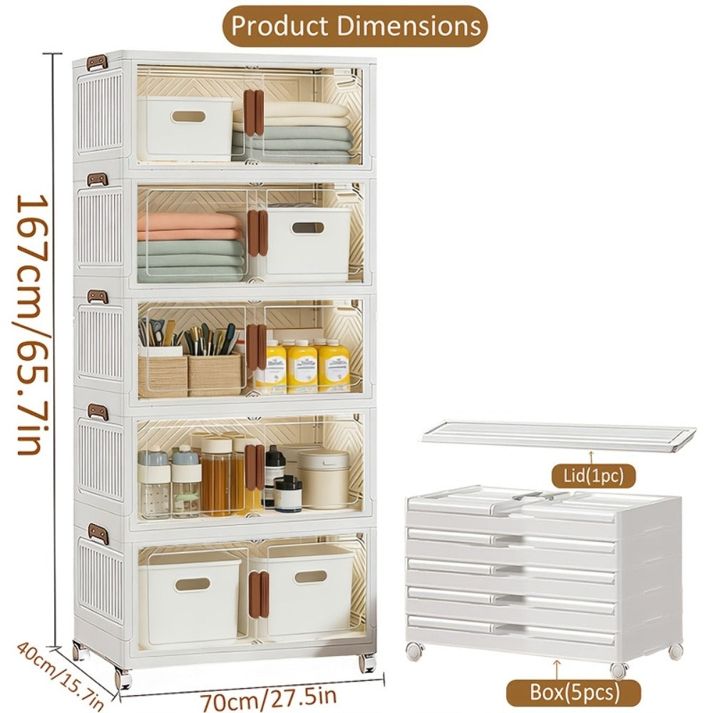 Stackable Storage Cabinet with Doors and Wheels | Collapsible Plastic Locker 1-5 Layers Large Capacity Home Organization for Bedroom Living Room Kitchen Easy Assembly Space Saving