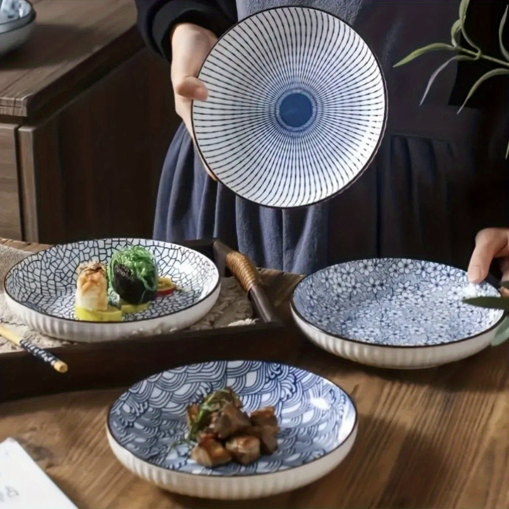 Japanese Ceramic Plates Set of 4 ¨C Floral Yamada Pattern Dinnerware, 7-Inch Round Serving Plates with Non-Slip Edge, Underglaze Color, Nordic Style Steak & Salad Dish
