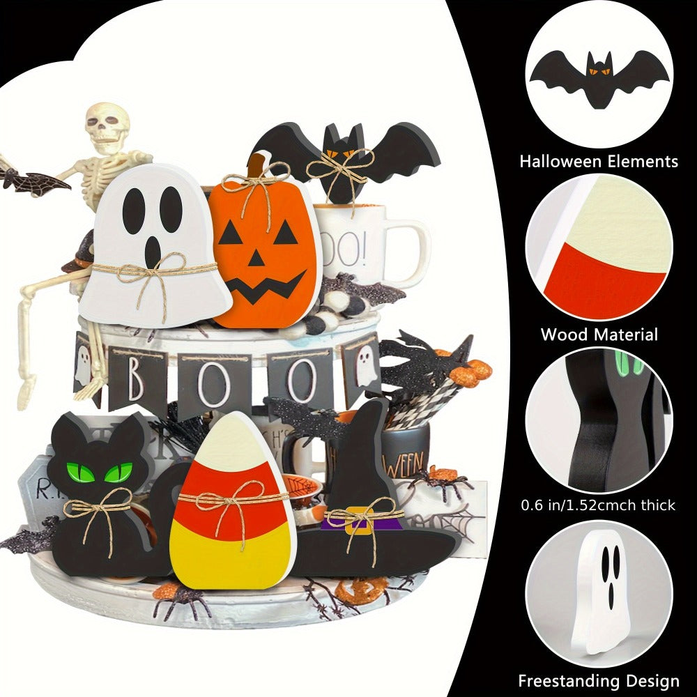 Halloween Wooden Decorations Set of 6 ¨C Freestanding Rustic Table Signs with Pumpkin, Ghost, Bat, Black Cat, Witch Hat & Candy Corn, Farmhouse Tiered Tray & Mantle Decor