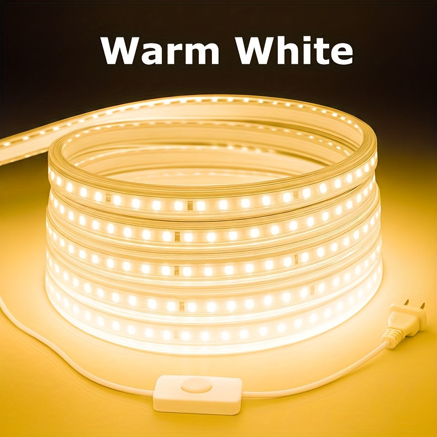 Waterproof LED Strip Lights 110V AC, IP65 120LEDs/Meter Ultra Bright LED Tape Light, Plug and Play Adhesive LED Ribbon for Outdoor Indoor Kitchen Garden Home Room Decoration, Warm White & Cool White
