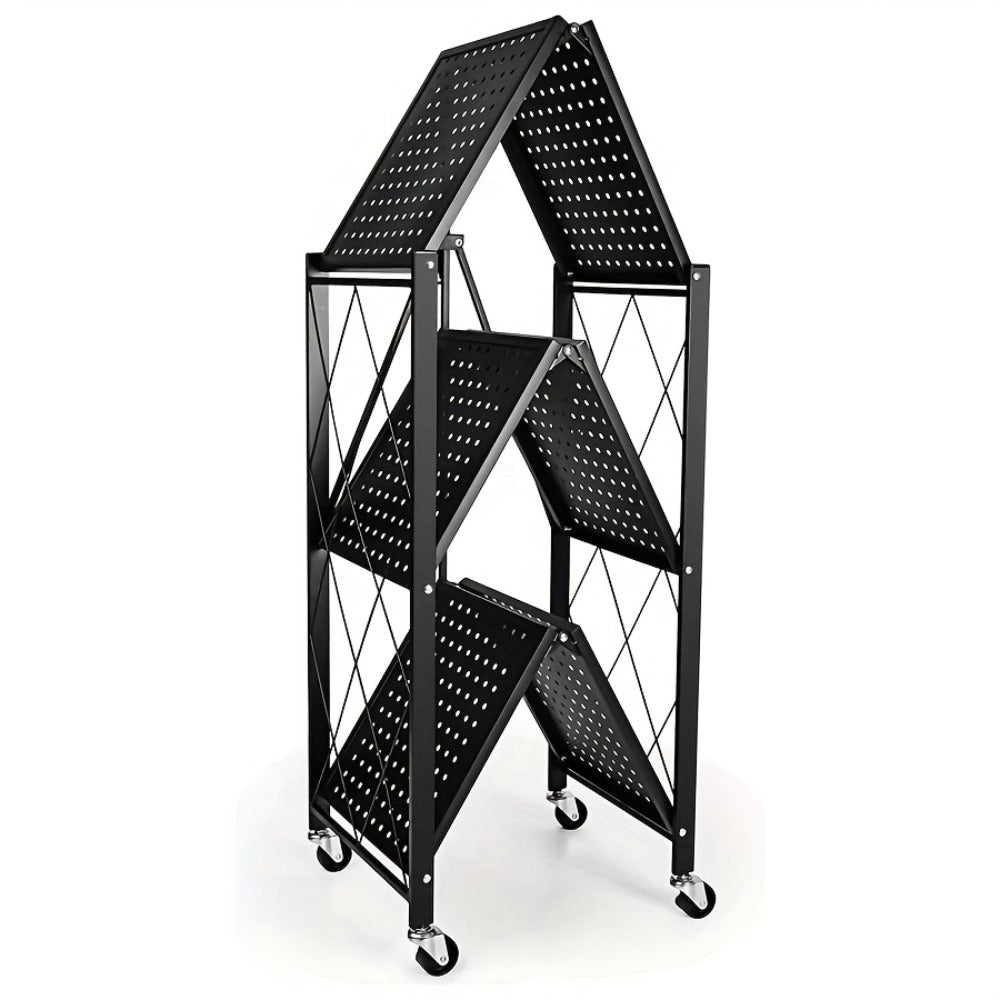 3 Tier Foldable Storage Rack with Wheels Heavy Duty Black Iron Shelving Unit for Garage Kitchen Pantry Utility Multi-Purpose Organizer