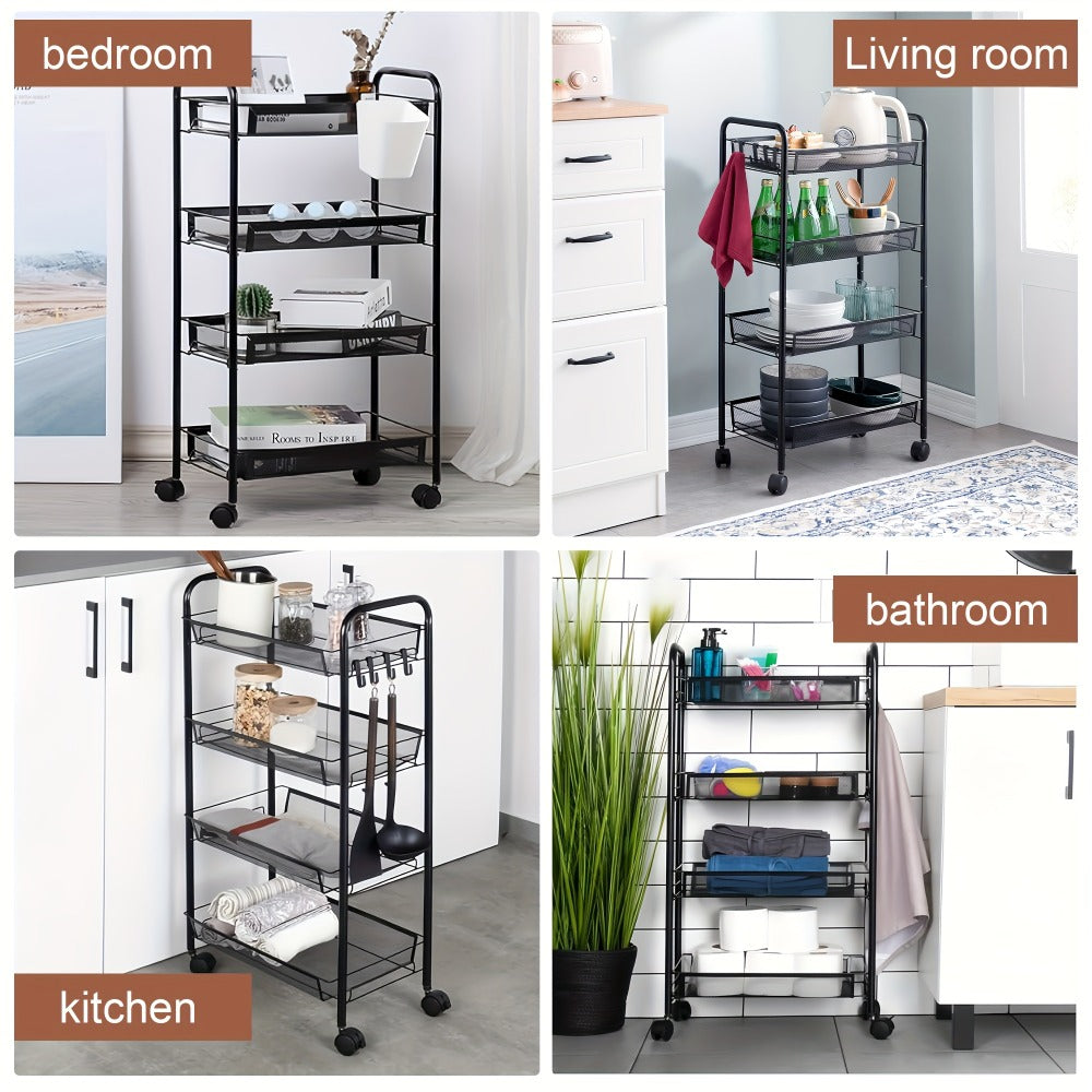 Rolling Storage Cart on Wheels ¨C 3/4/5 Tier Carbon Steel Wire Basket Trolley, Black Metal Utility Cart for Kitchen, Bathroom, Bedroom, Office & Living Room, Space-Saving Detachable Shelving Unit