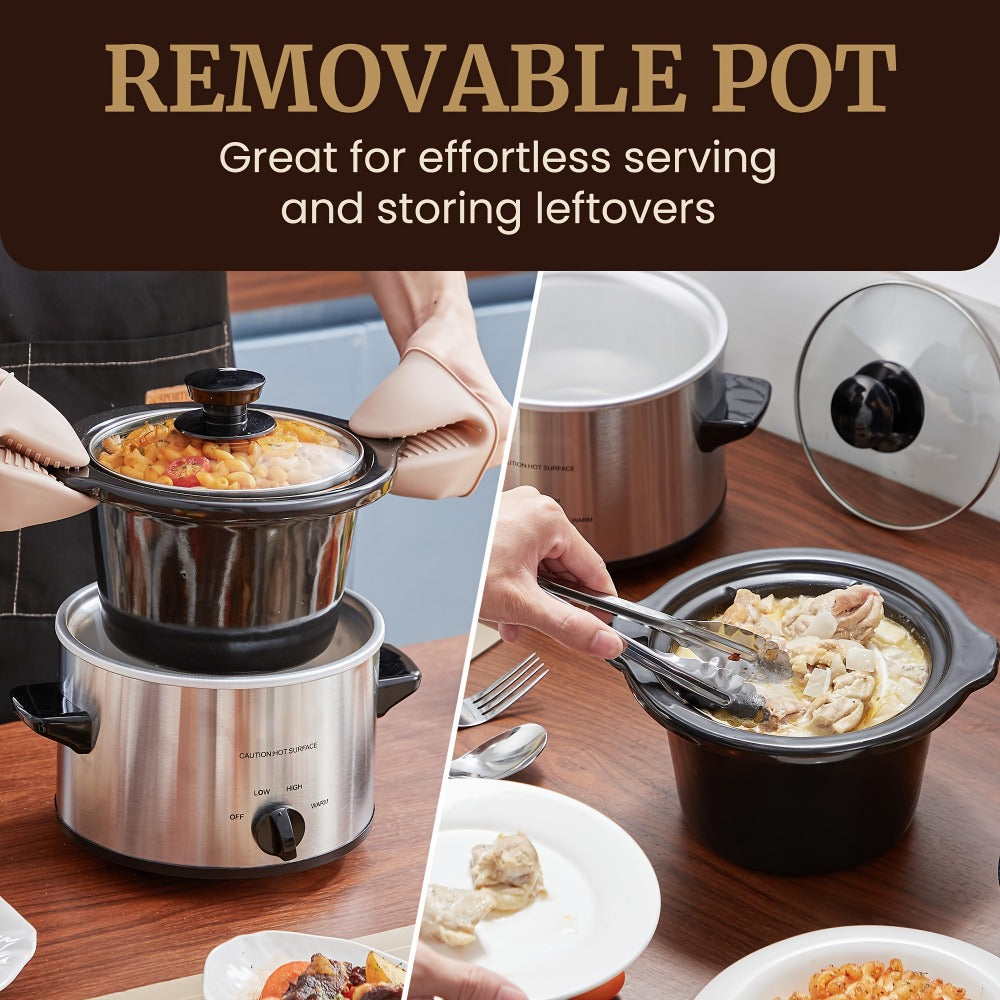 Mini Slow Cooker 1.5QT & 2.0QT with Adjustable Temperature Ceramic Crock & Dishwasher Safe Glass Lid ¨C Small Slow Cooker for Sauces Dips Soups Stews, Stainless Steel & Black