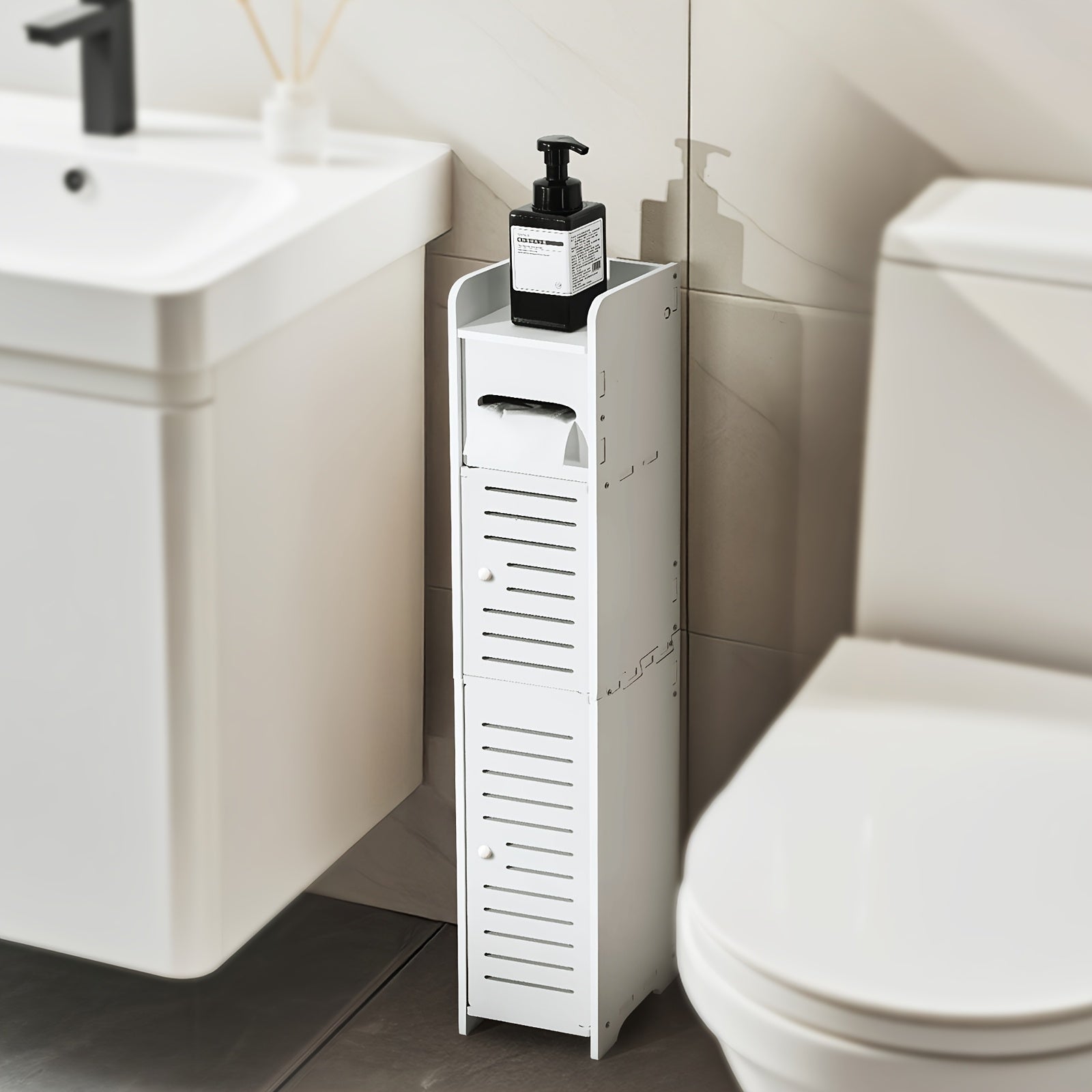 Slim Bathroom Storage Cabinet ¨C PVC Toilet Paper Holder & Organizer for Small Spaces, Easy Assembly, Multi-Room Use, Bedroom & Living Room