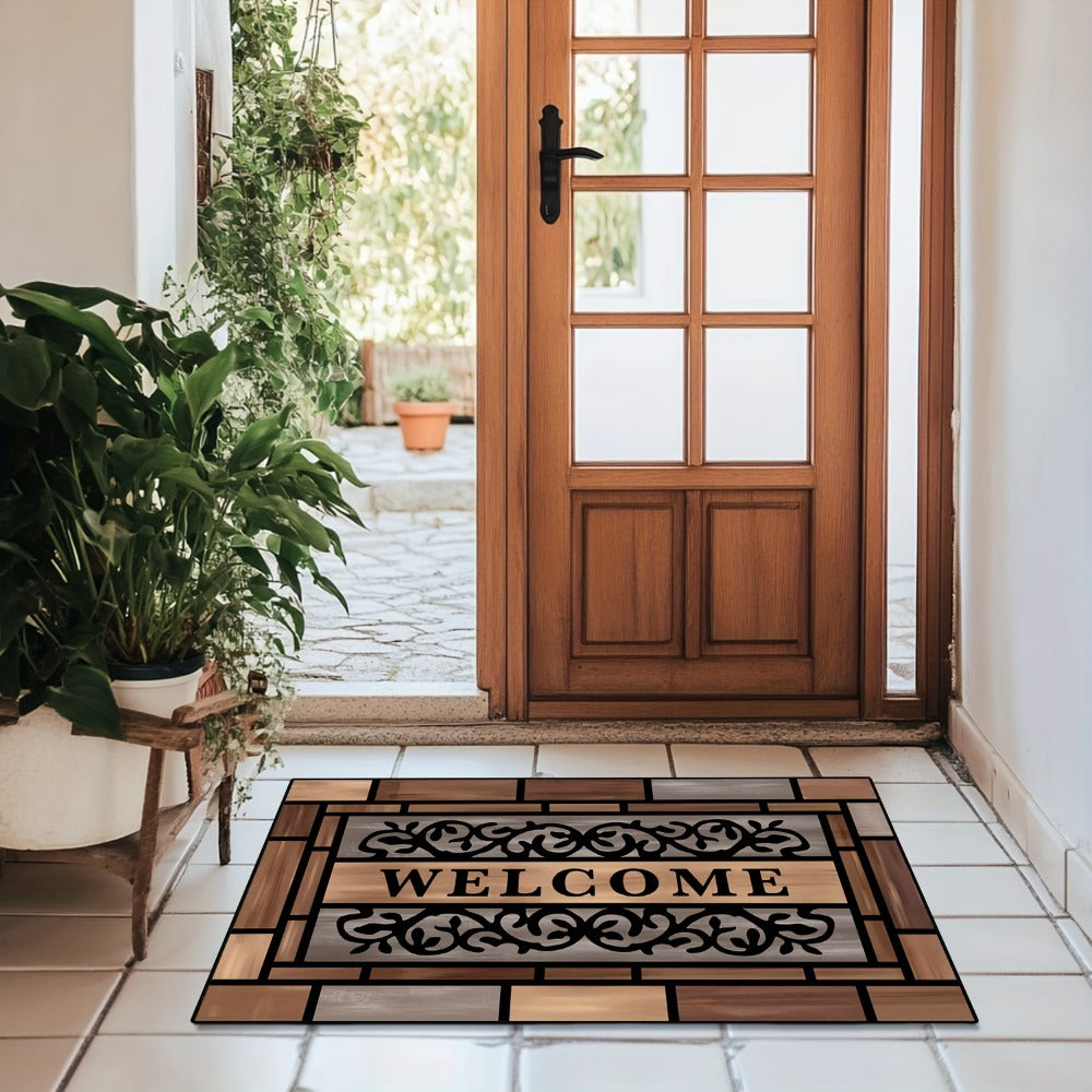 Welcome Doormat Wood Pattern - Non-Slip Entrance Mat with Polypropylene Backing | Indoor Outdoor Floor Mat for Front Door, Entryway & Home Decor | Durable Anti-Slip Door Rug in 2 Sizes