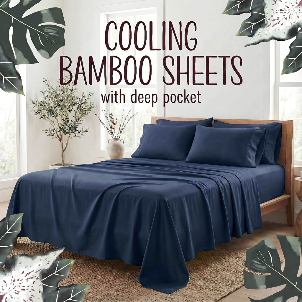 Bamboo Fiber Bed Sheet Set 4-Piece ¨C Cooling Sheets, Hypoallergenic, Deep Pocket Fitted Sheet, Wrinkle-Free Bedding for All Seasons, Twin Full Queen King