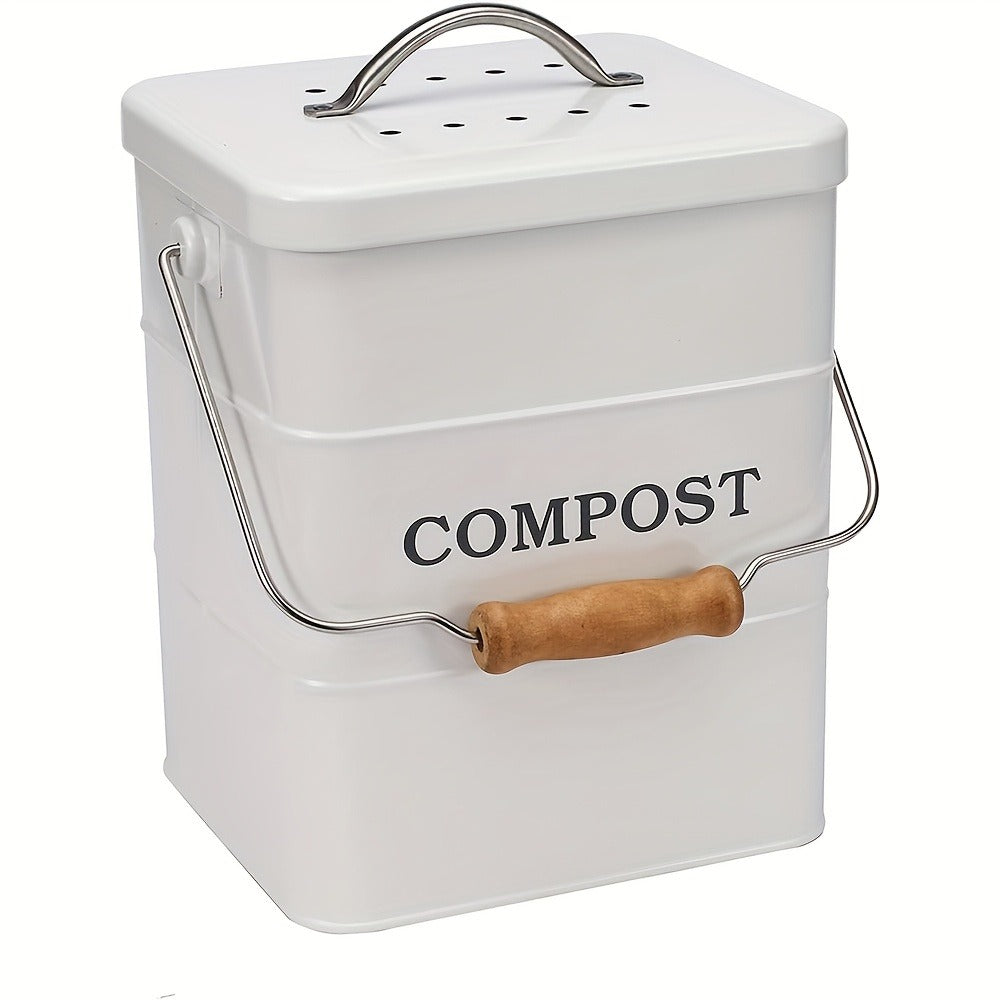 Kitchen Compost Bin 1 Gallon with Charcoal Filter & Wooden Handle, Odor-Free Indoor Countertop Food Waste Bin, Metal Compost Bucket for Home Kitchen, Available in Black, White, Gray, Green