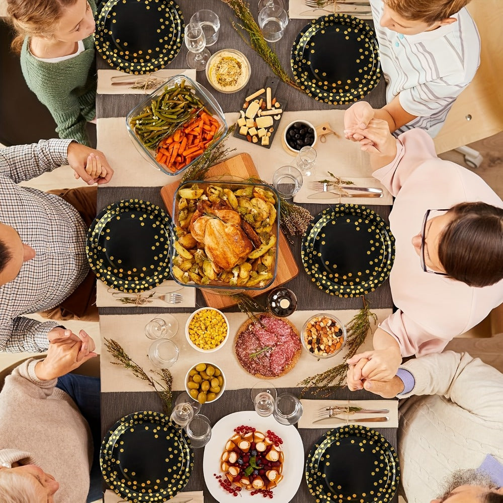 Disposable Party Supplies Set 150 Piece Black and Gold - Paper Plates, Napkins & Forks for 50 Guests, Elegant Tableware for Birthday, Wedding, Graduation & Holiday Celebrations