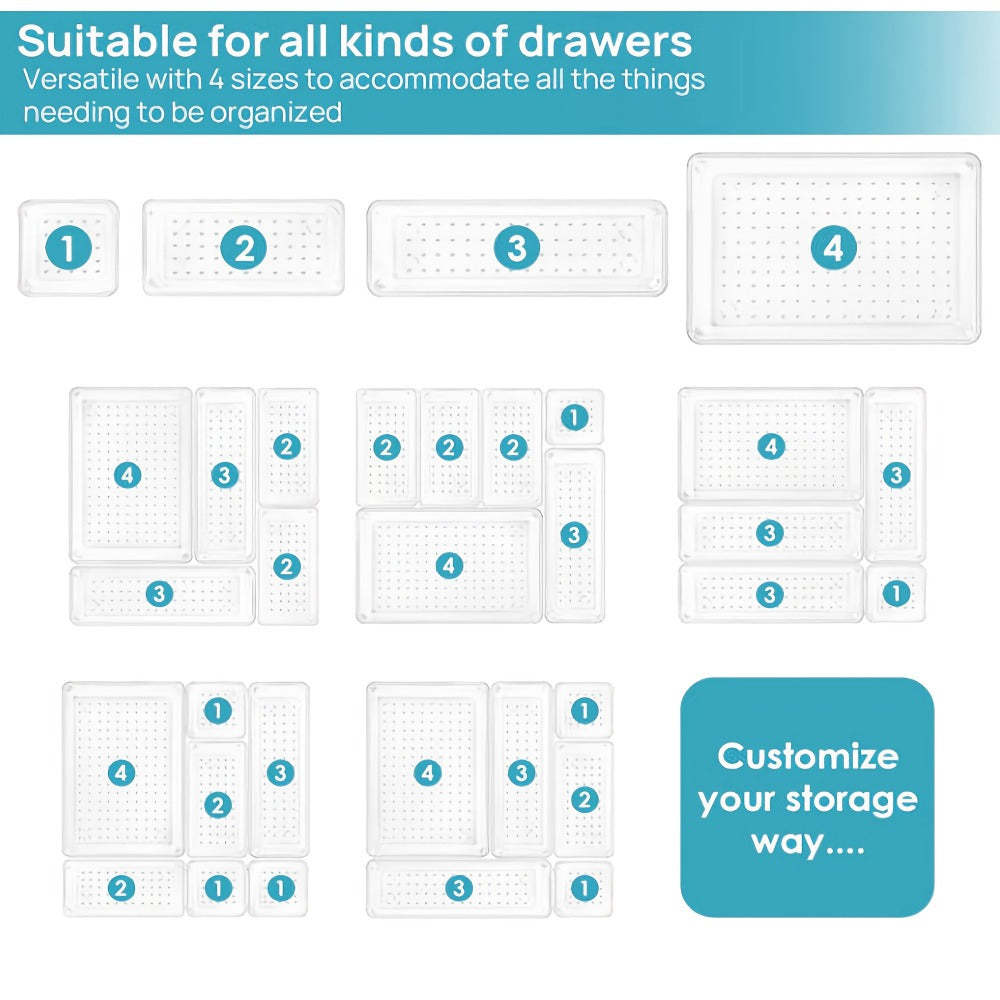 Clear Drawer Organizer Trays 25 Pack with 4 Sizes, Plastic Storage Bins for Desk Drawer Kitchen Flatware Cosmetics Dresser Under Bed Organization Dividers