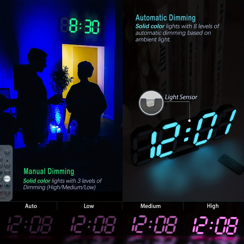 Digital Wall Clock RGB Neon LED 9.7¡± Large Display ¨C Aesthetic Alarm Clock with Remote Control, Adjustable Brightness, Date & Temperature Display for Bedroom, Living Room, Office & Gym