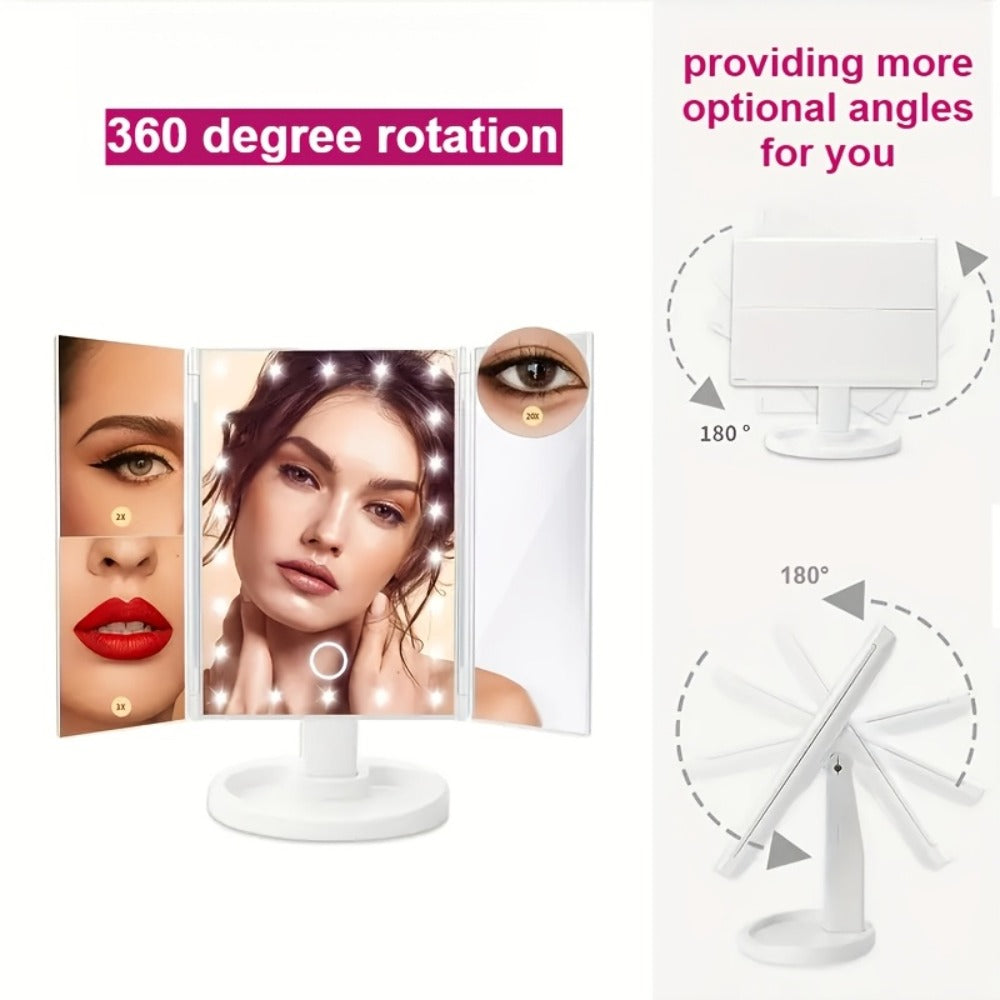 LED Tri-Fold Makeup Mirror with Touch Screen ¨C 1X/2X/3X/10X Magnifying Vanity Mirror, Flexible Adjustable Base, Lighted Travel Mirror for Makeup Desk, Bedroom & Bathroom | Gift for Women