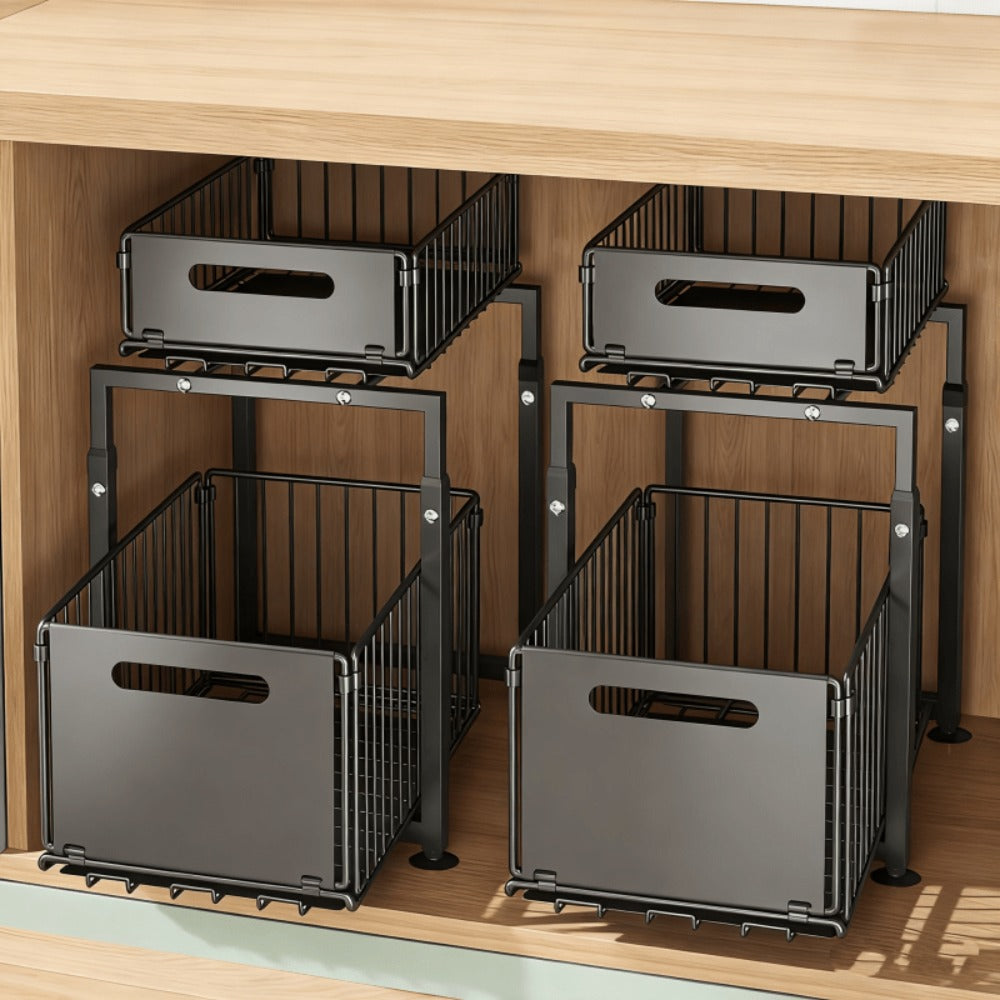 Under Sink Organizer 2-Tier Slide Out Pull Out Drawer Metal Basket Height Adjustable - Under Sink Cabinet Organizer for Kitchen Bathroom Storage, Sliding Shelf Rack for Cleaning Supplies Toiletries
