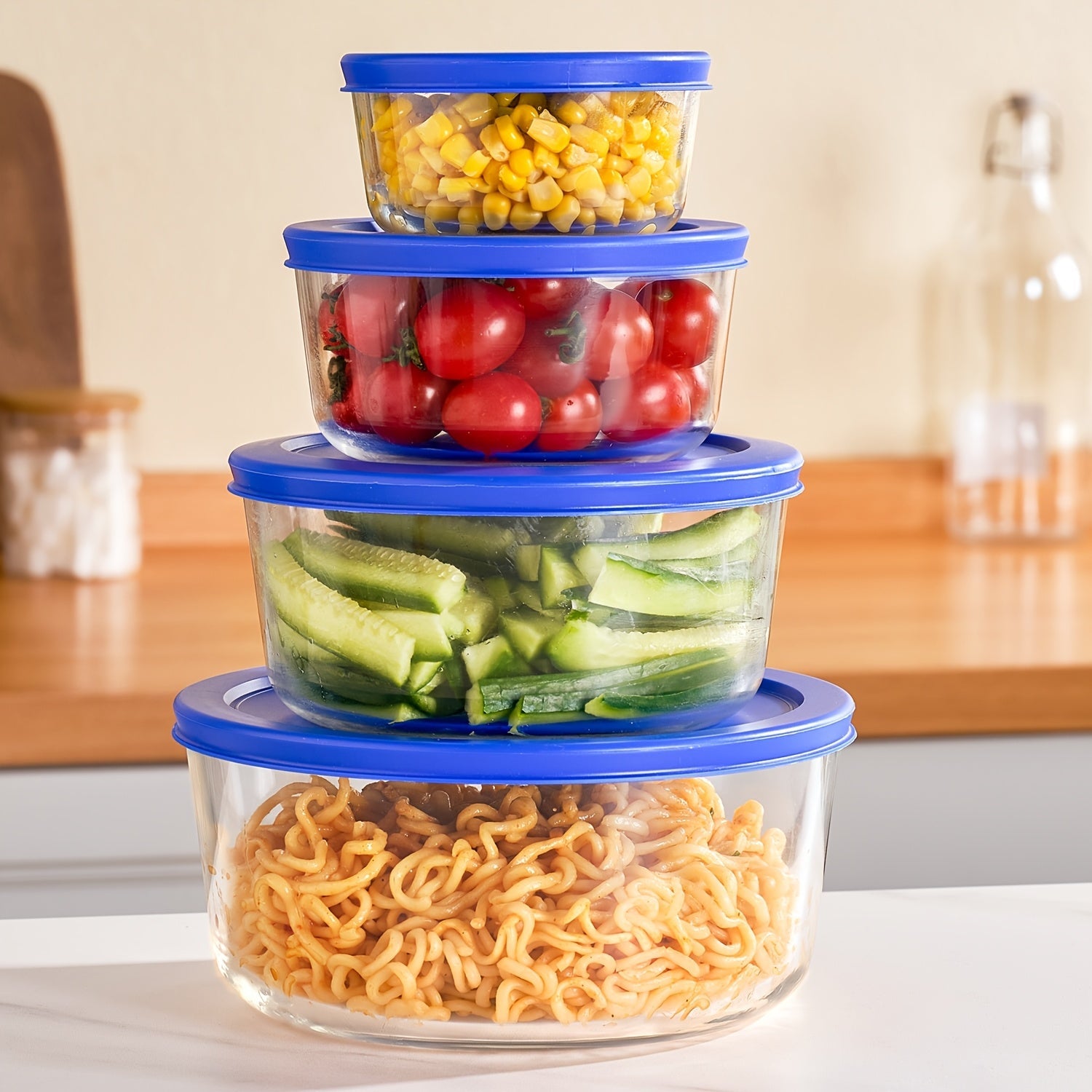 4-Pack Glass Food Storage Bowls with Lids Set of 4 Sizes 1 2 4 7 Cup Borosilicate Glass Meal Prep Containers Microwave Dishwasher Freezer Safe BPA Free Kitchen Storage