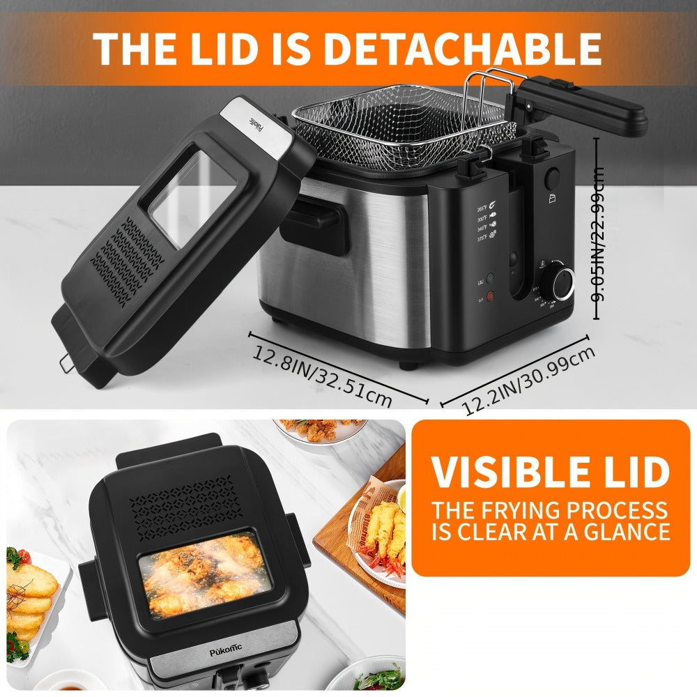 Deep Fryer Electric 1500W Non-Stick with Detachable Basket Adjustable Temperature Control Viewing Window Removable Lid Easy Clean Home Deep Frying Pan for French Fries Chicken 1.5L 2.5L 3L