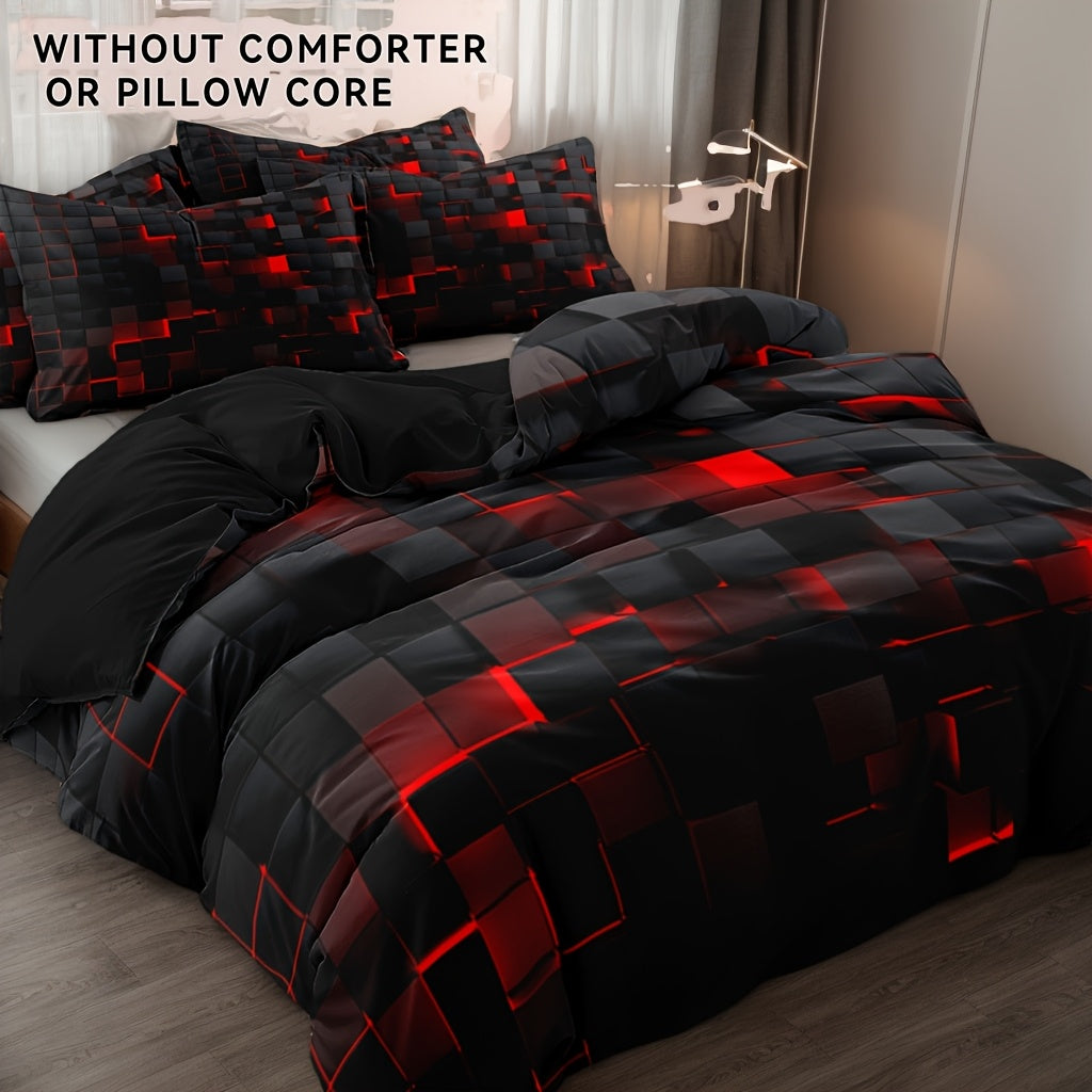 Duvet Cover Set Queen King Twin Full 3D Geometric Cube Print | 3-Piece Polyester Bedding Set | Black Blue Grid Pattern | All-Season Soft Quilt Cover + 2 Pillowcases | Machine Washable