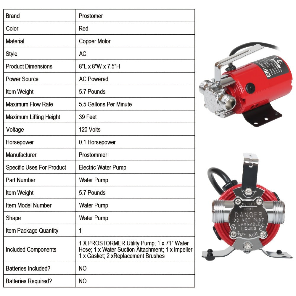 Portable Electric Water Pump 330 GPH ¨C 1/10 HP 120V Heavy Duty Utility Pump with Hose, High-Flow Water Transfer Pump for Pool Drain, Flood Removal, Sump, Aquarium & Household Water Transfer (AC)