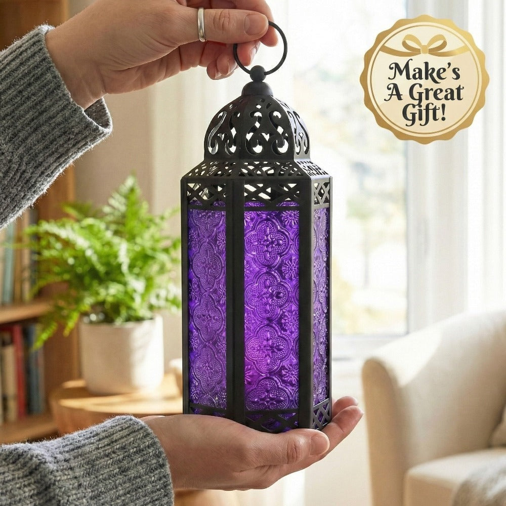 Moroccan Candle Lantern Holder - Decorative Metal & Glass Lantern with Embossed Floral Design for Indoor Home Decor, Garden, Patio, Weddings, Ramadan, Halloween & Holiday Celebrations - 10.5¡± Tall Medium Size