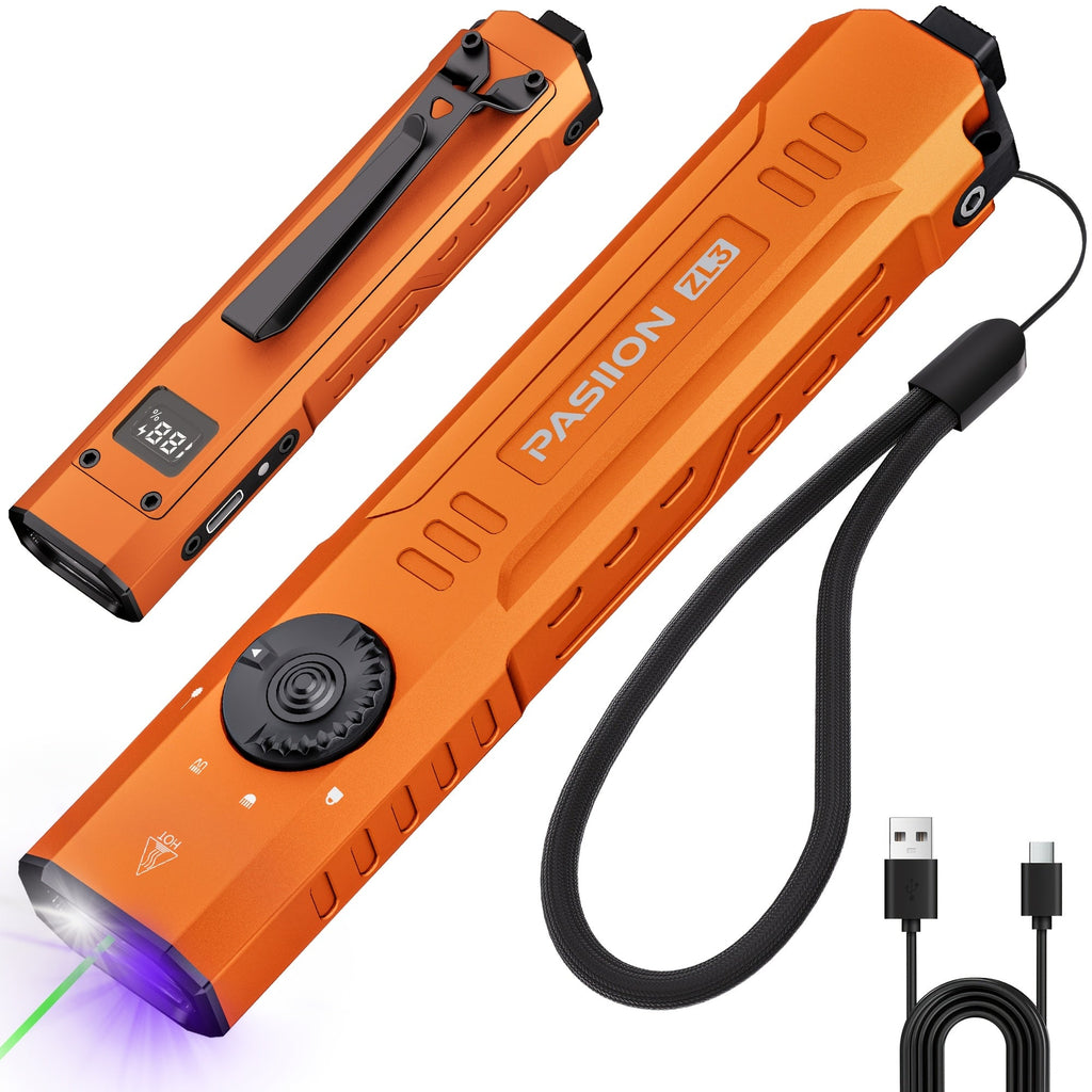 Tactical Flashlight Green Laser UV 3-in-1 | 1500 Lumen Slim EDC Multi-Function Light with White Light + UV365 Ultraviolet + Green Laser Beam | USB Rechargeable for Home Outdoor Daily Use